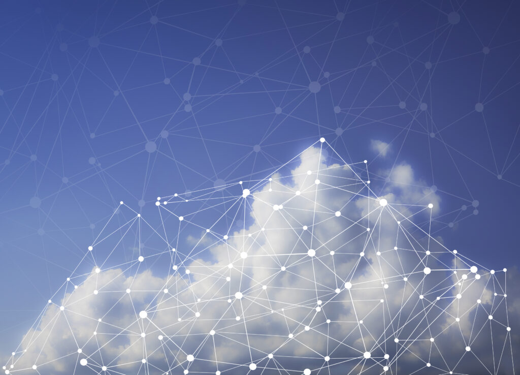 Cloud Computing Network Concept - Photograph of clouds, sky and illustration of network connections.