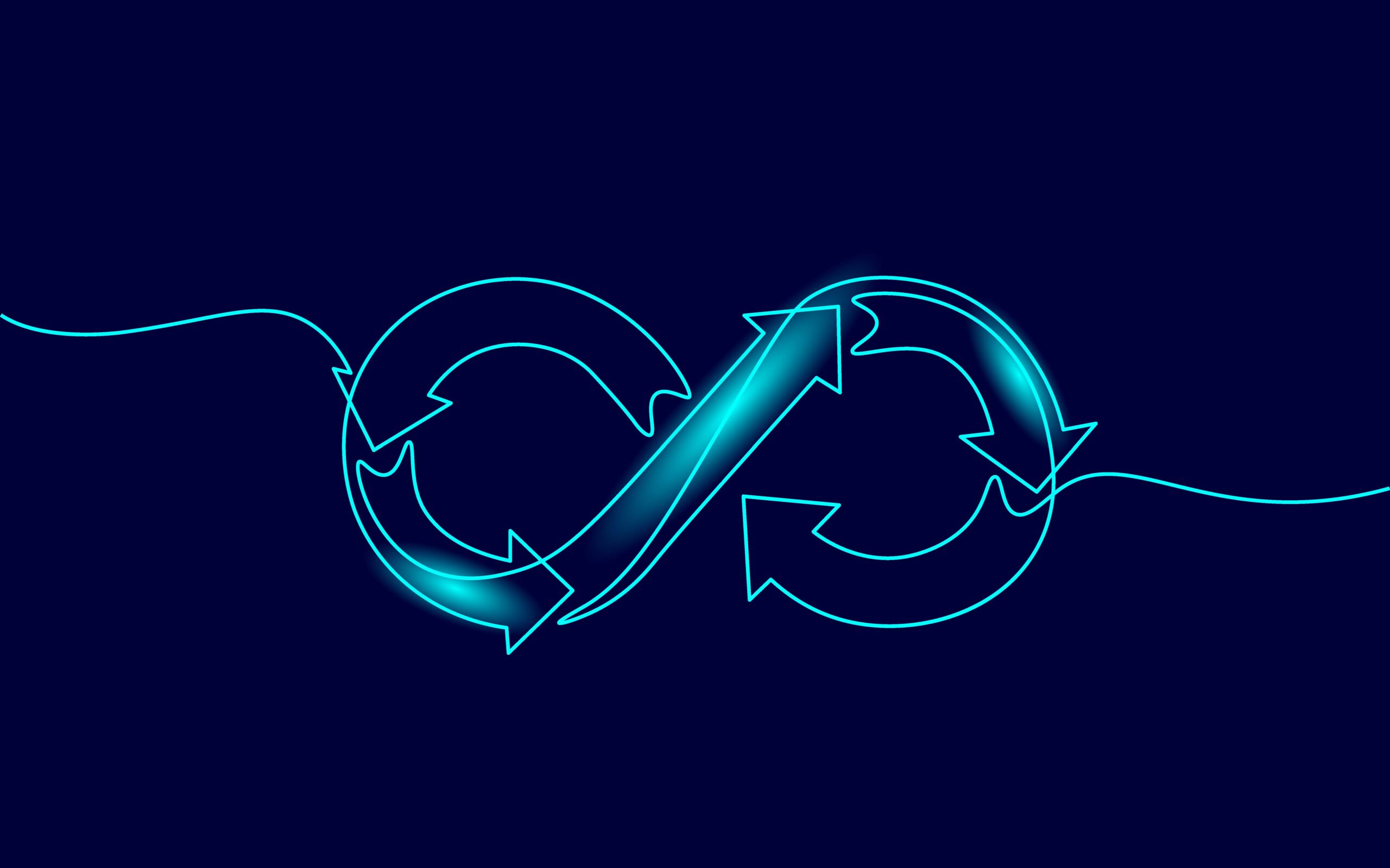 Glowing cyan infinity symbol made of circular arrows on dark blue background, representing continuous cycle or process.