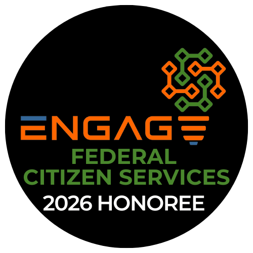 Black circle with a node symbol and multicolored text and that reads Engage Federal Citizen Services 2026 honoree