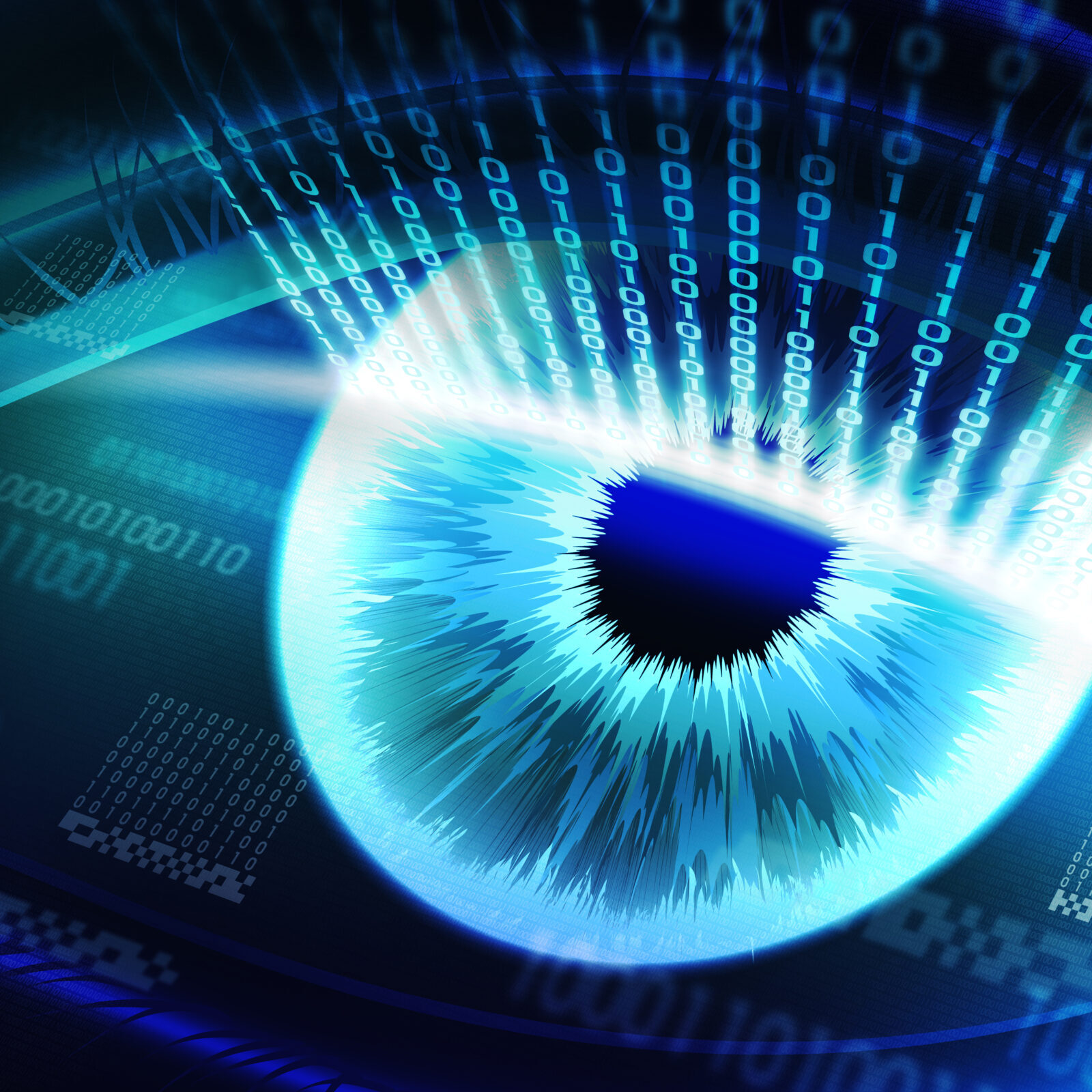 Photo of a blue glowing eye with computer code superimposed.