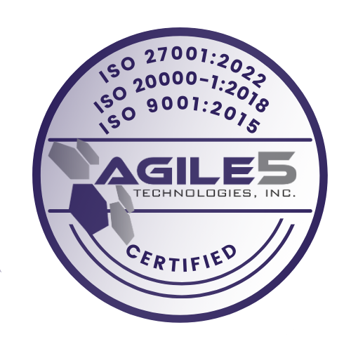 11-6-24_ISO Logo v.0.3 A circular certification badge for Agile5 Technologies, Inc. showing three ISO certifications: ISO 27001:2022, ISO 20000-1:2018, and ISO 9001:2015. The badge features the Agile5 company logo in purple with geometric hexagonal shapes, and includes the word 'CERTIFIED' at the bottom."